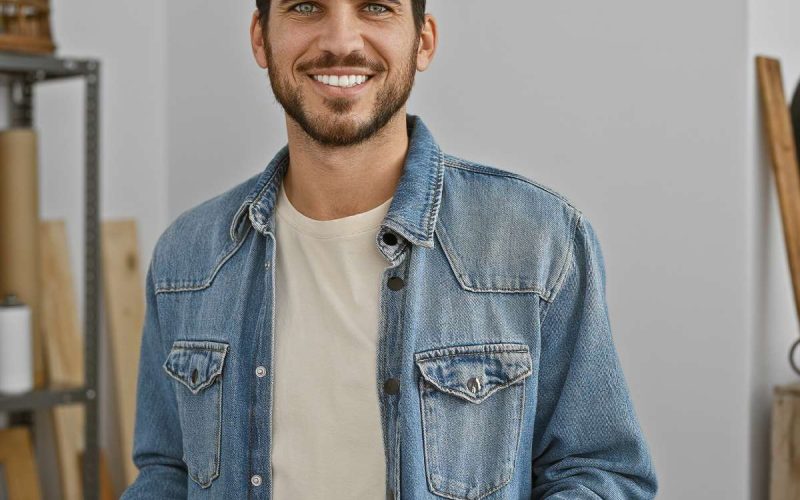 A man wearing a denim jacket and white shirt holds pieces of wood. Wood and woodworking equipment is behind him.