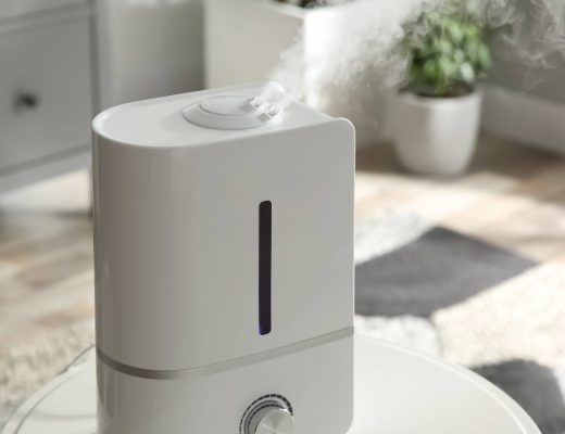 A home air humidifier sitting on a table as it releases vapor into the air. The room around it has small plants and furniture.