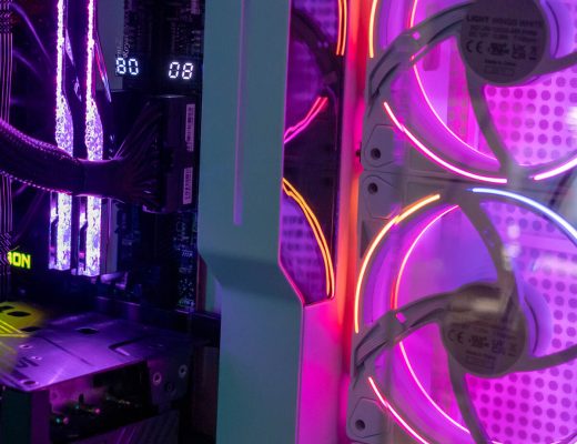 The inside of a customized RGB personal computer with visible fans and a large, next-generation graphics card.