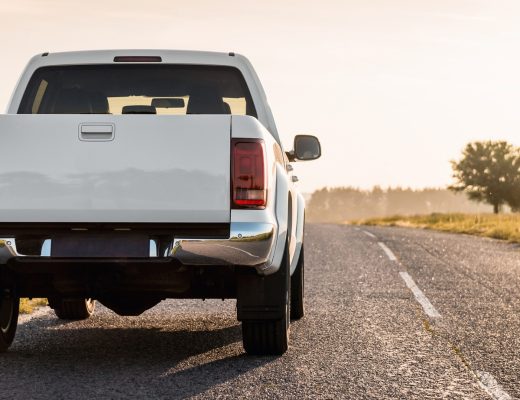 A white pickup truck is driving down a paved road. The road is lined with tall weeds, grass, and a tree.