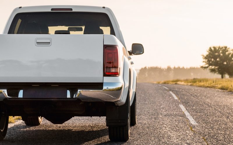 A white pickup truck is driving down a paved road. The road is lined with tall weeds, grass, and a tree.
