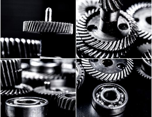 A four-part collage on a black background, showcasing various automotive components like gears and wheels.