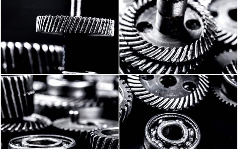 A four-part collage on a black background, showcasing various automotive components like gears and wheels.