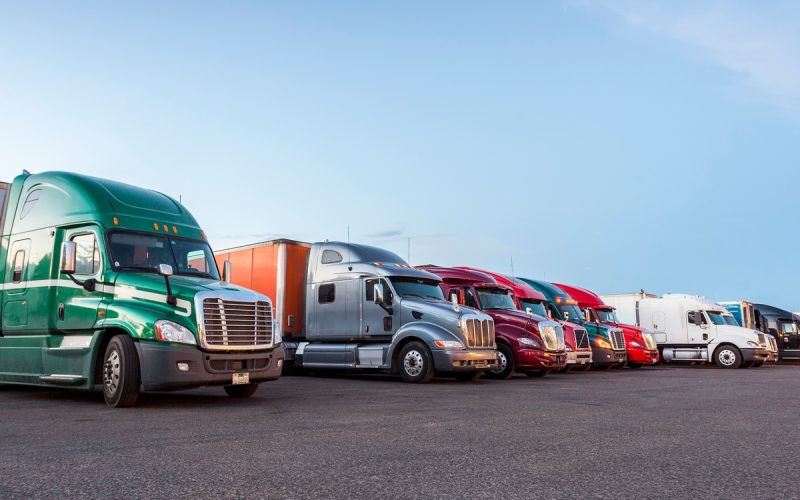 Several semi-trucks in different colors parked in a row on a large parking lot next to a white building.