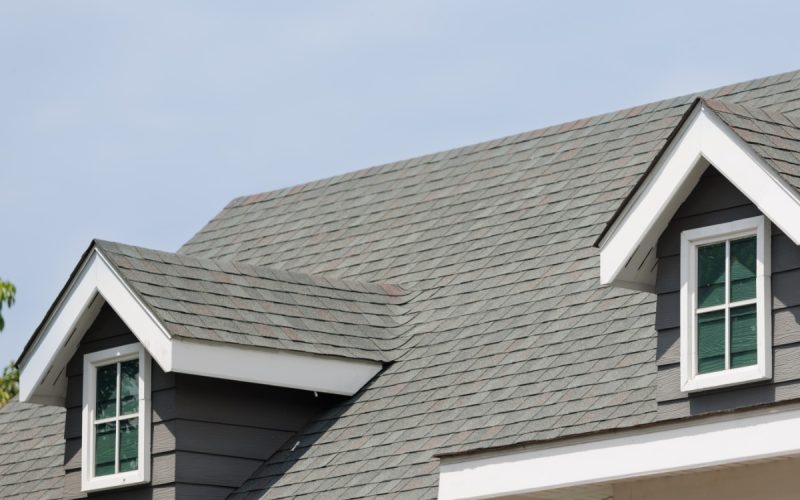 A gray asphalt shingle roof on a dark-sided home with dormer windows beneath a clear blue sky and leafy trees.