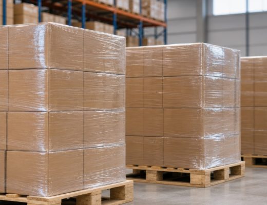 Three shrink-wrapped pallets of stacked cardboard boxes sit on a warehouse floor beside tall storage racks.