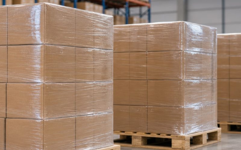 Three shrink-wrapped pallets of stacked cardboard boxes sit on a warehouse floor beside tall storage racks.