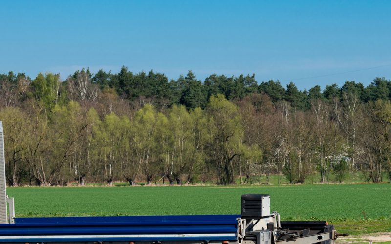 A blue flatbed trailer with two upright loading ramps is parked beside a field. Trees and a blue sky are in the background.